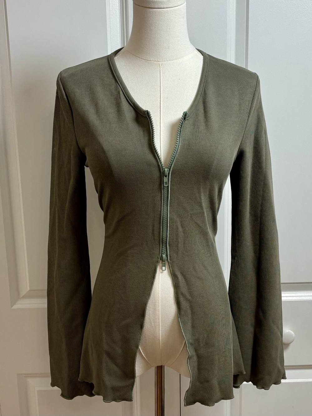 Olive Green Zip-Front Sexy Women's Blouse Top